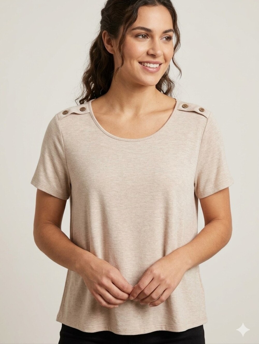 ETHEREAL Tan Beige Button Shoulder Short Sleeve Top M